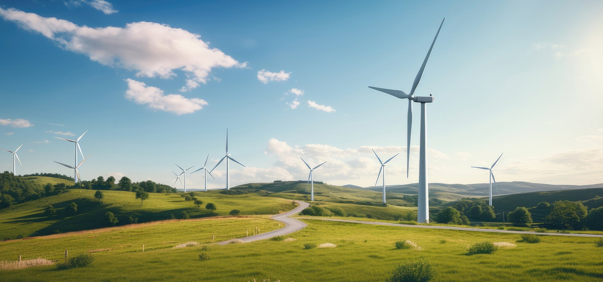 Eine natürliche Umgebung, in der viele Windräder stehen.