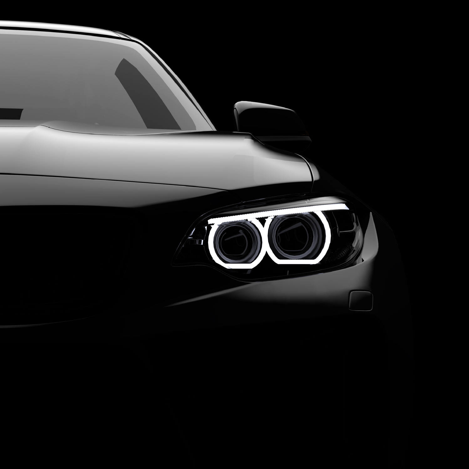 Die Silhouette eines schwarzen Autos vor schwarzem Hintergrund.