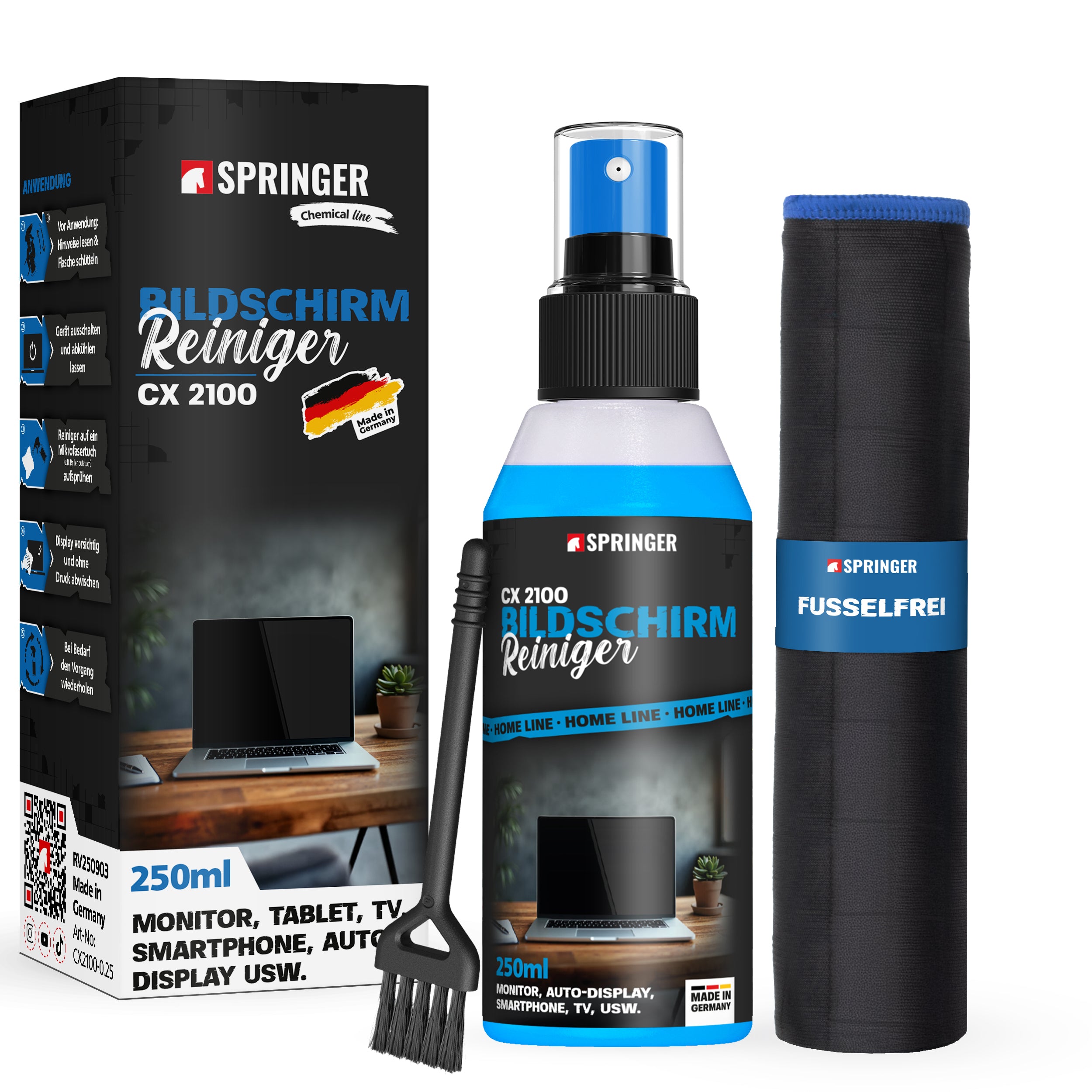 SPRINGER CX2100 Bildschirmreiniger Set 250 ml mit Carbontuch und Minipinsel